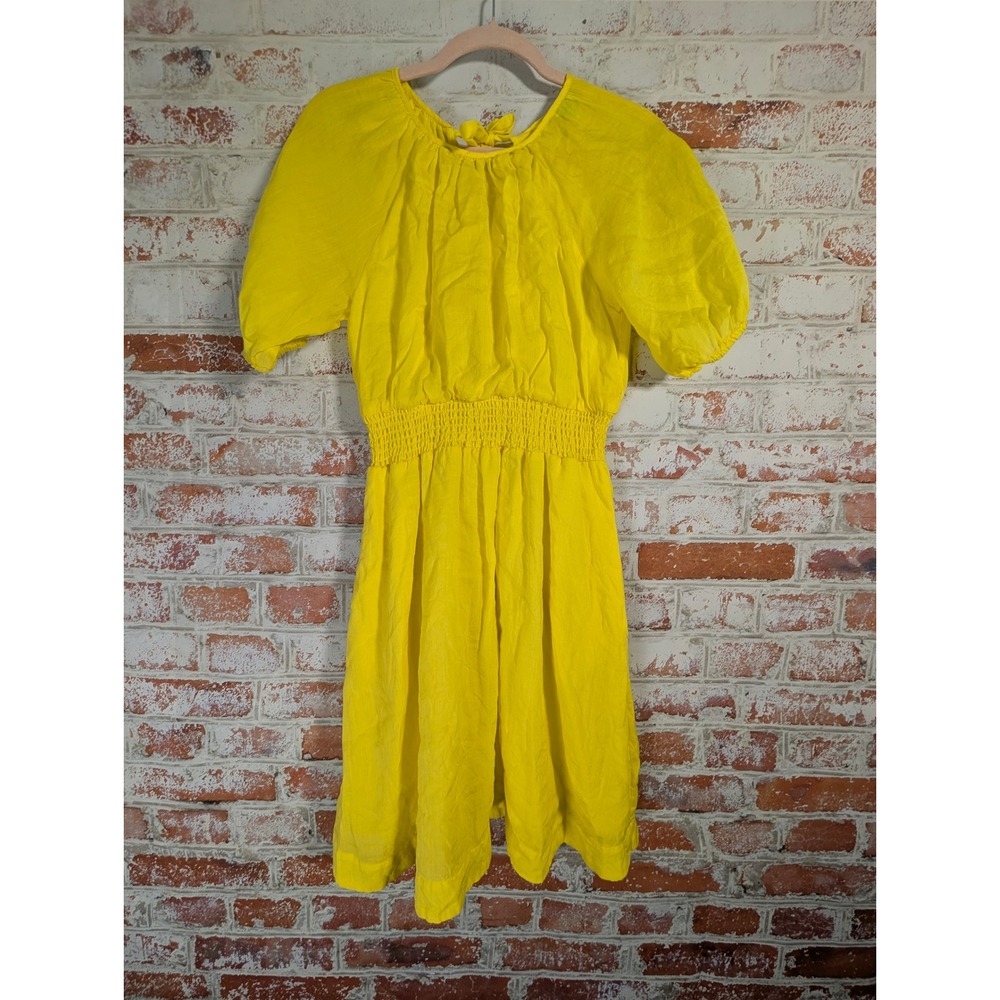 Draper James RSVP Mini Dress Womens XS Yellow Smocked Puff Sleeve Linen Blend